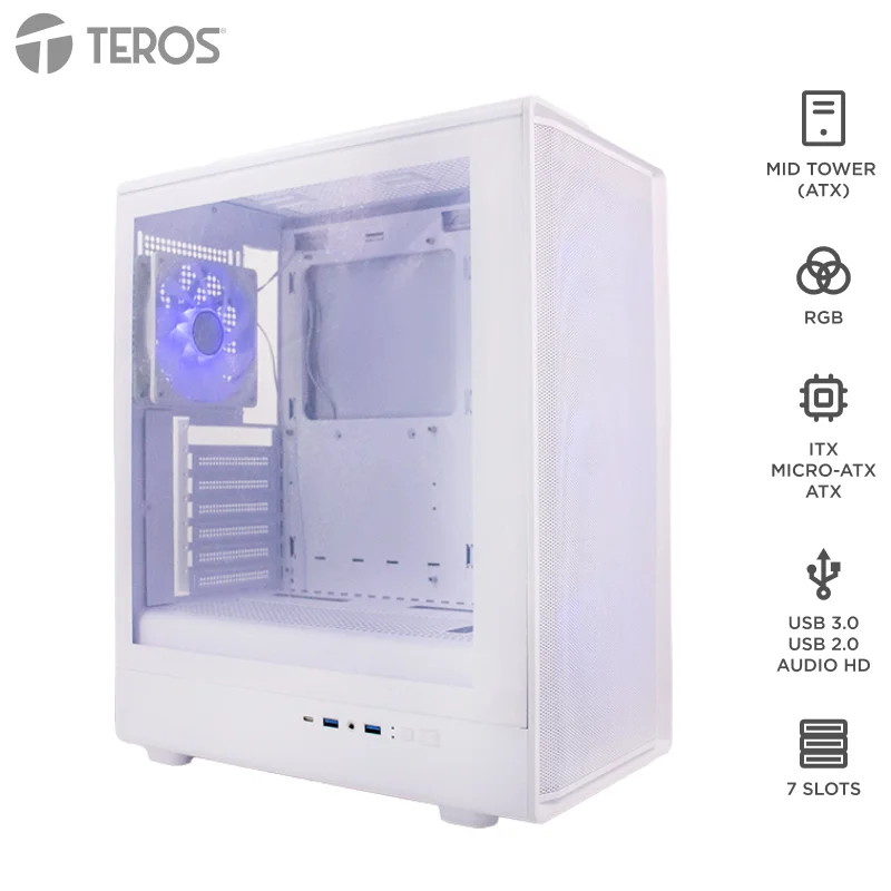 Case Gamer TEROS TE-1329G, ITX, M-ATX, ATX, 3.5" y 2.5", Blanco