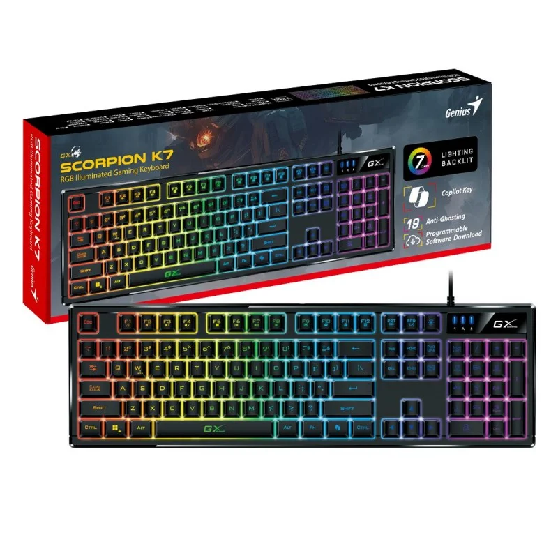 TECLADO GENIUS GX SCORPION K7 AI COPILOT GAMING RGB 19 TECLAS ANTI-GHOSTING MACRO USB SP BLACK (31310054401)