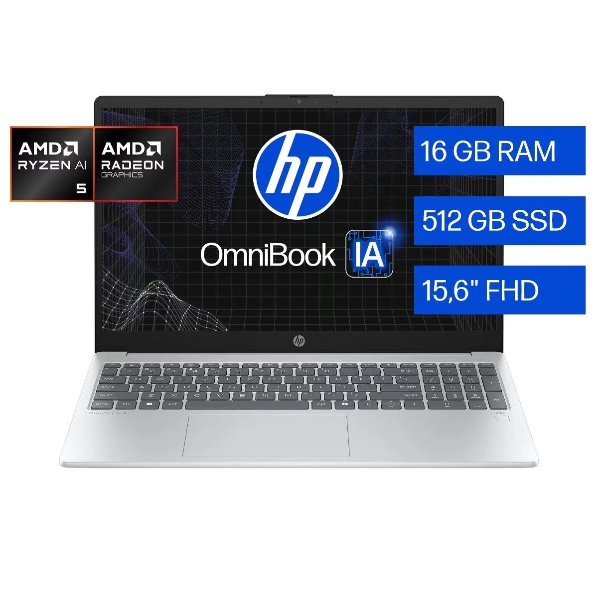 Laptop HP OmniBook 15-fn0051la Ryzen 5 AI, 16 GB, 512 GB SSD, 15.6, FHD Windows 11 Home.